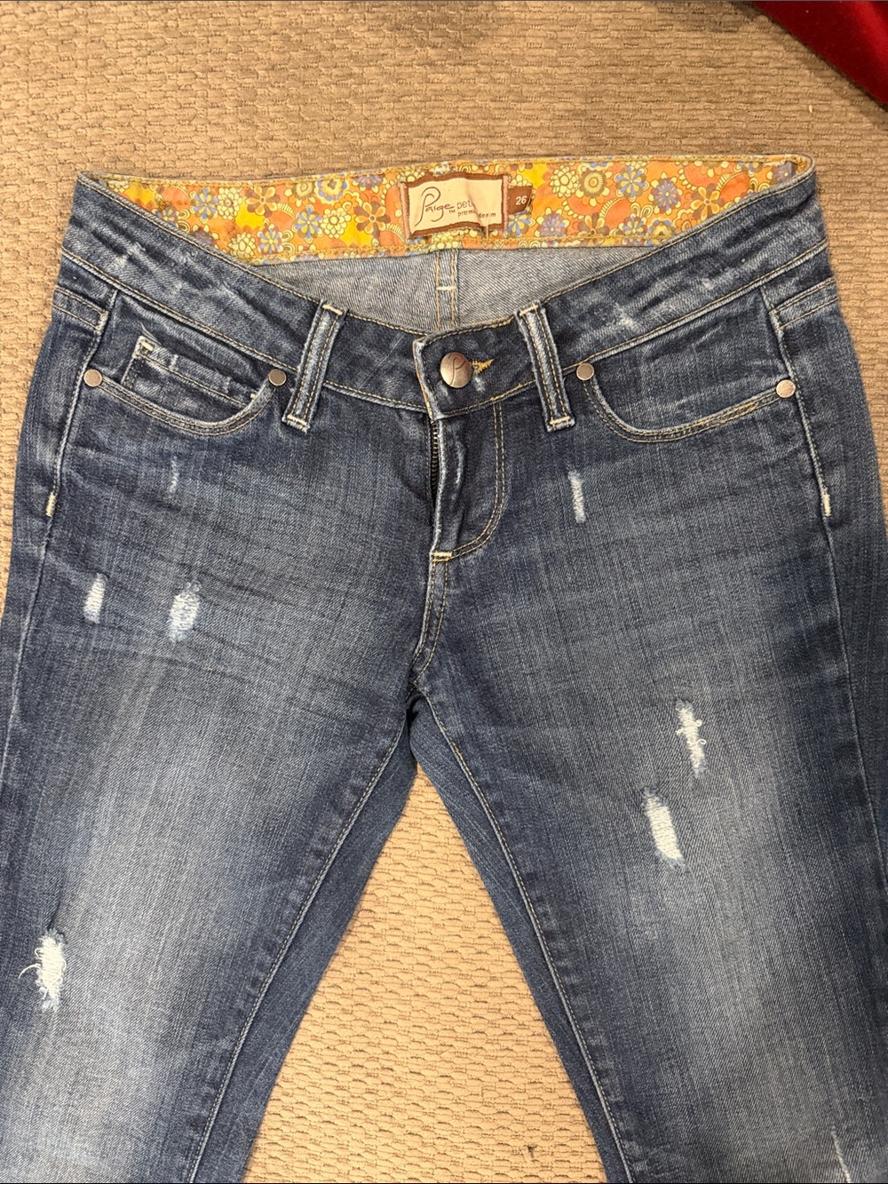 PAIGE Medium Blue Distressed Skinny Jeans with Floral Waistband